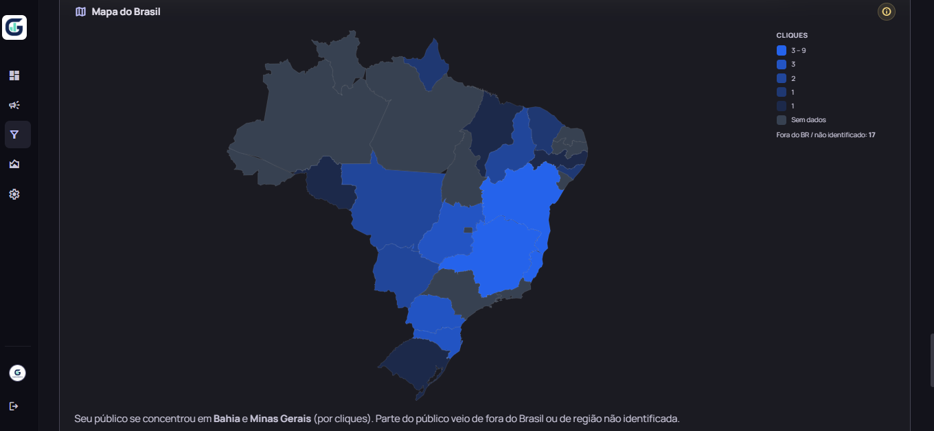 Mapa do Brasil com a origem dos cliques no GestorMetrics
